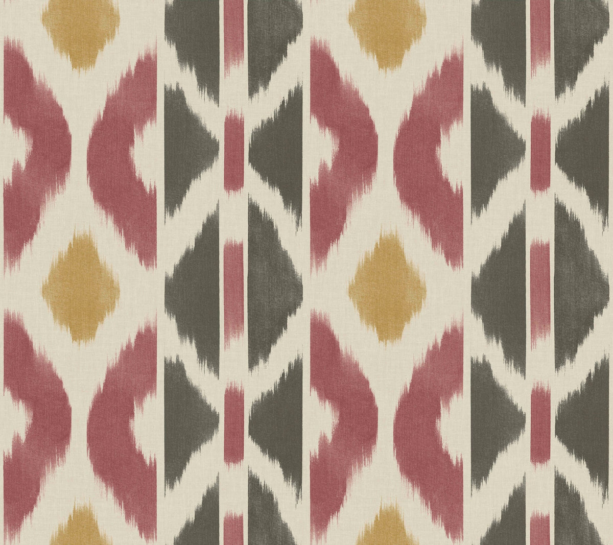 Patan Wallpaper by York Wallcoverings features a repeating geometric pattern with diamond and triangular shapes in red, gold, and black on a beige background, reminiscent of an ikat or tribal textile design.