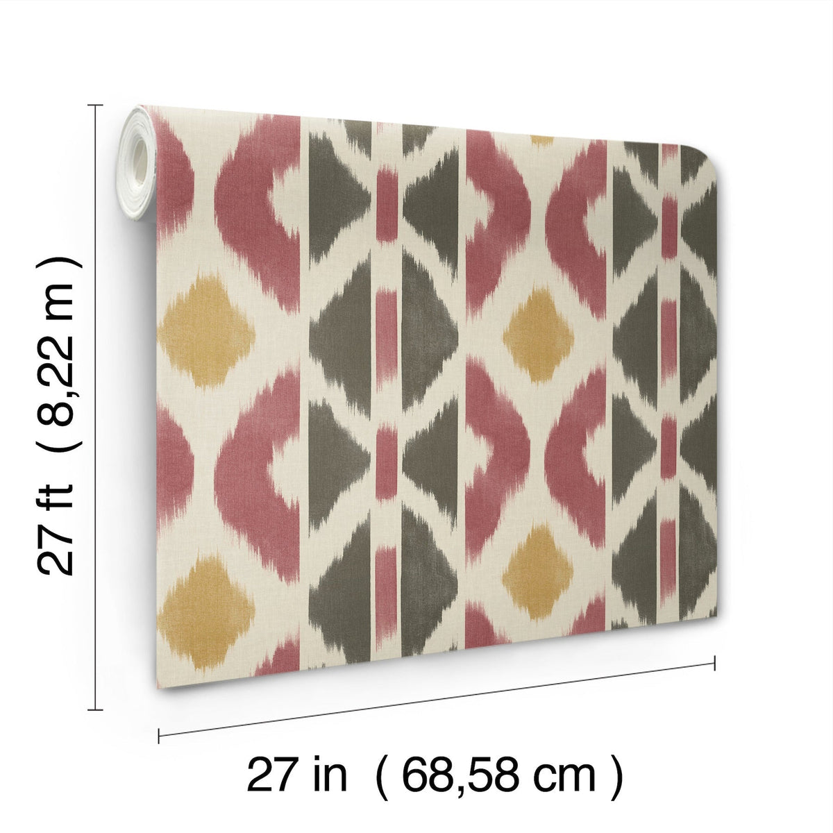 Patan Wallpaper by York Wallcoverings features a roll of patterned wallpaper with red, gold, and gray geometric shapes. The dimensions are 27 feet (8.22 m) long and 27 inches (68.58 cm) wide.