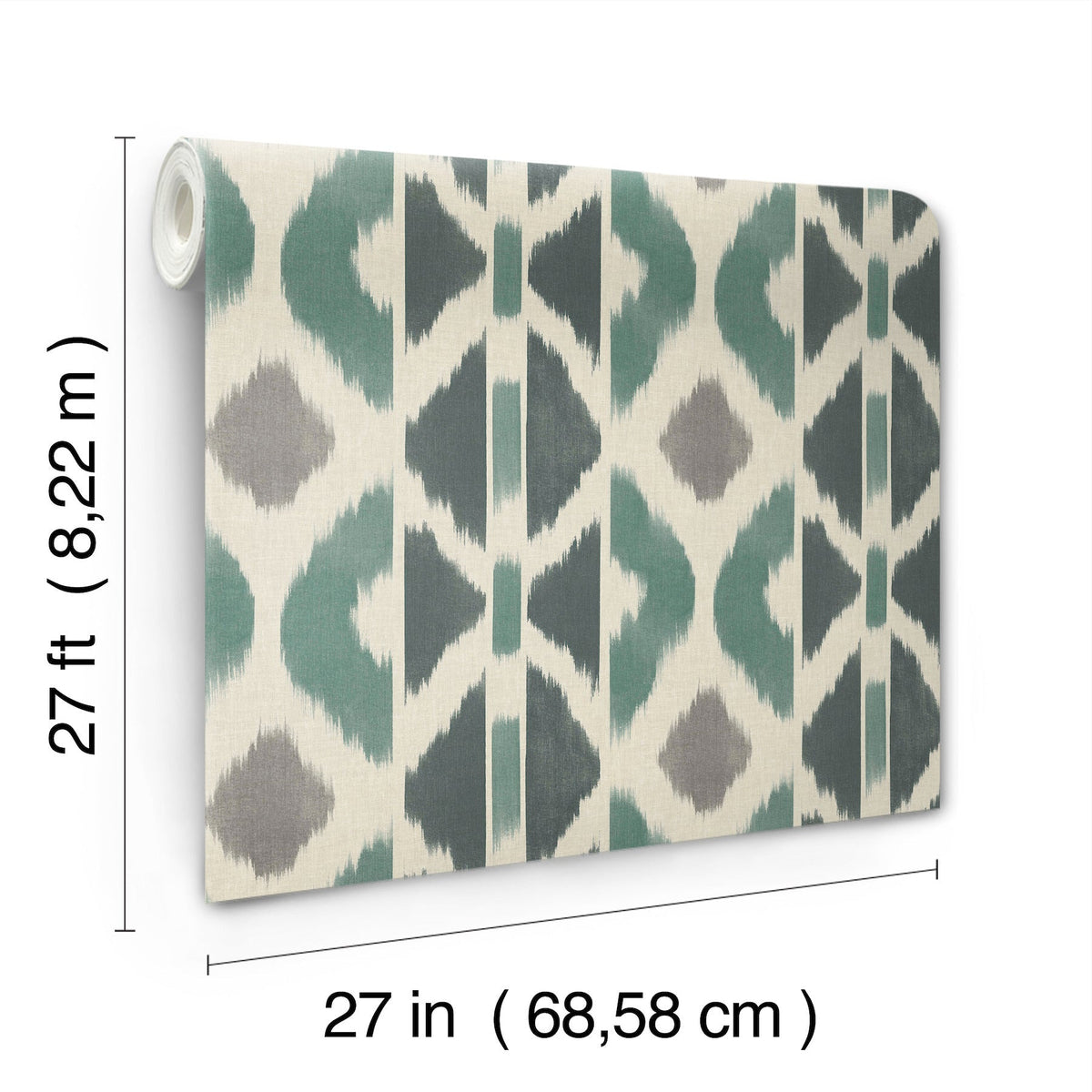 The Patan Wallpaper by York Wallcoverings features a geometric pattern in teal, gray, and cream. Each roll measures 27 feet (8.22 m) in length and 27 inches (68.58 cm) in width.