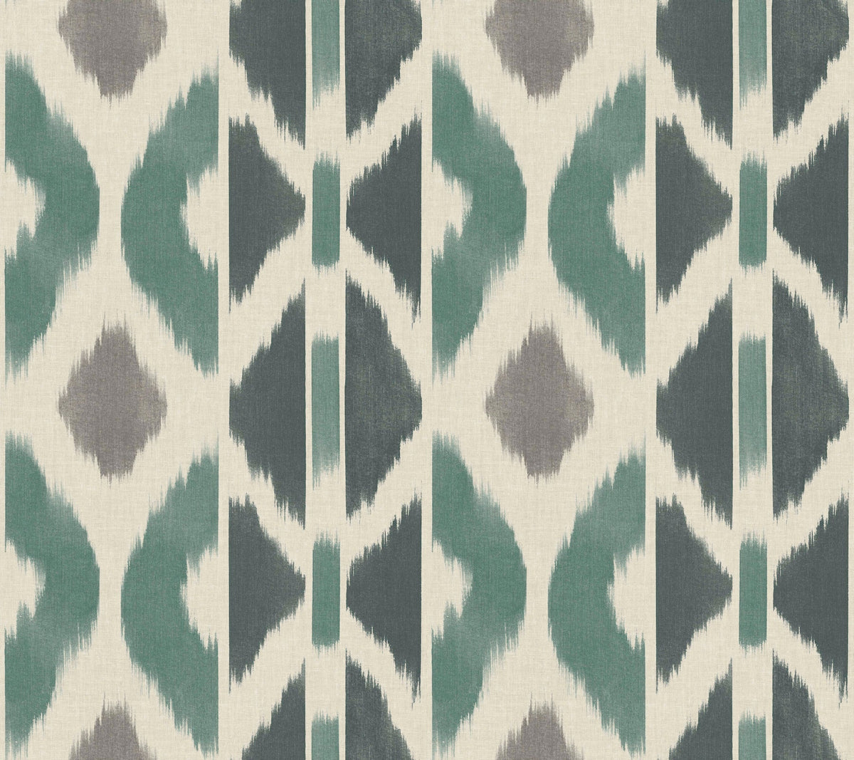 The Patan Wallpaper by York Wallcoverings features a geometric pattern with vertically repeating shapes in teal, gray, and black on an off-white background, evoking an abstract ikat textile design.