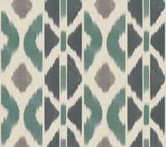 The Patan Wallpaper by York Wallcoverings features a geometric pattern with vertically repeating shapes in teal, gray, and black on an off-white background, evoking an abstract ikat textile design.