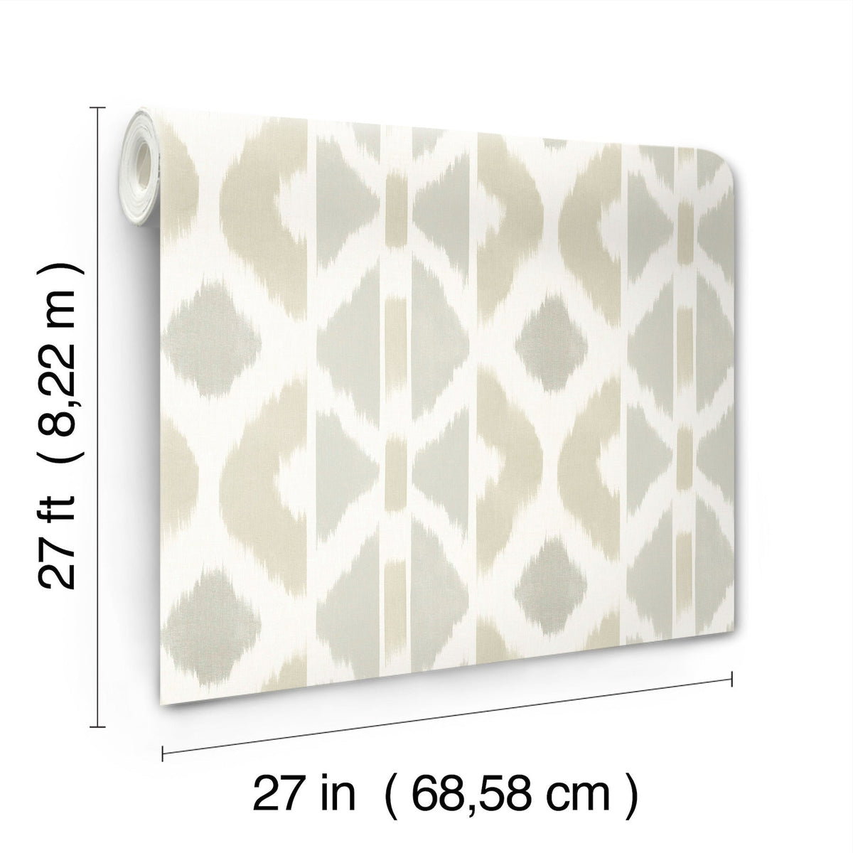 The Patan Wallpaper by York Wallcoverings, featuring a beige and white geometric pattern, is displayed vertically. The dimensions are 27 feet (8.22 m) in length and 27 inches (68.58 cm) in width.