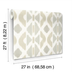 The Patan Wallpaper by York Wallcoverings, featuring a beige and white geometric pattern, is displayed vertically. The dimensions are 27 feet (8.22 m) in length and 27 inches (68.58 cm) in width.