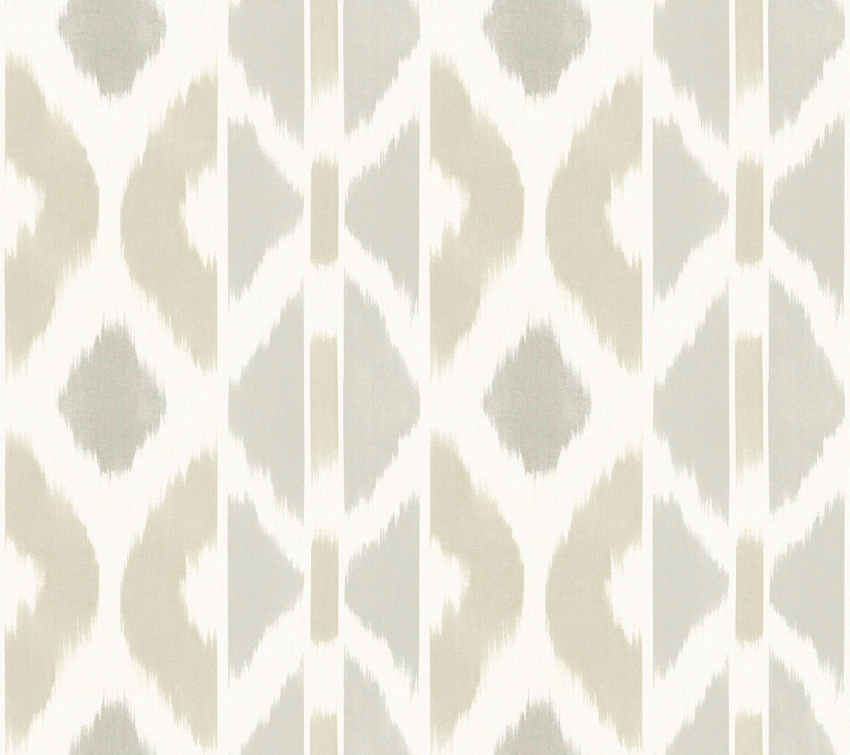 Patan Wallpaper by York Wallcoverings features a geometric pattern with repeating soft beige and gray abstract shapes on a white background, reminiscent of a modern ikat textile design.