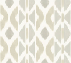 Introducing the Patan Wallpaper by York Wallcoverings—an abstract geometric design featuring vertical stripes of beige and gray shapes on a crisp white background. Reminiscent of a modern ikat or tribal textile, its repeating symmetrical motifs create a soft, textured visual effect perfect for contemporary interiors.