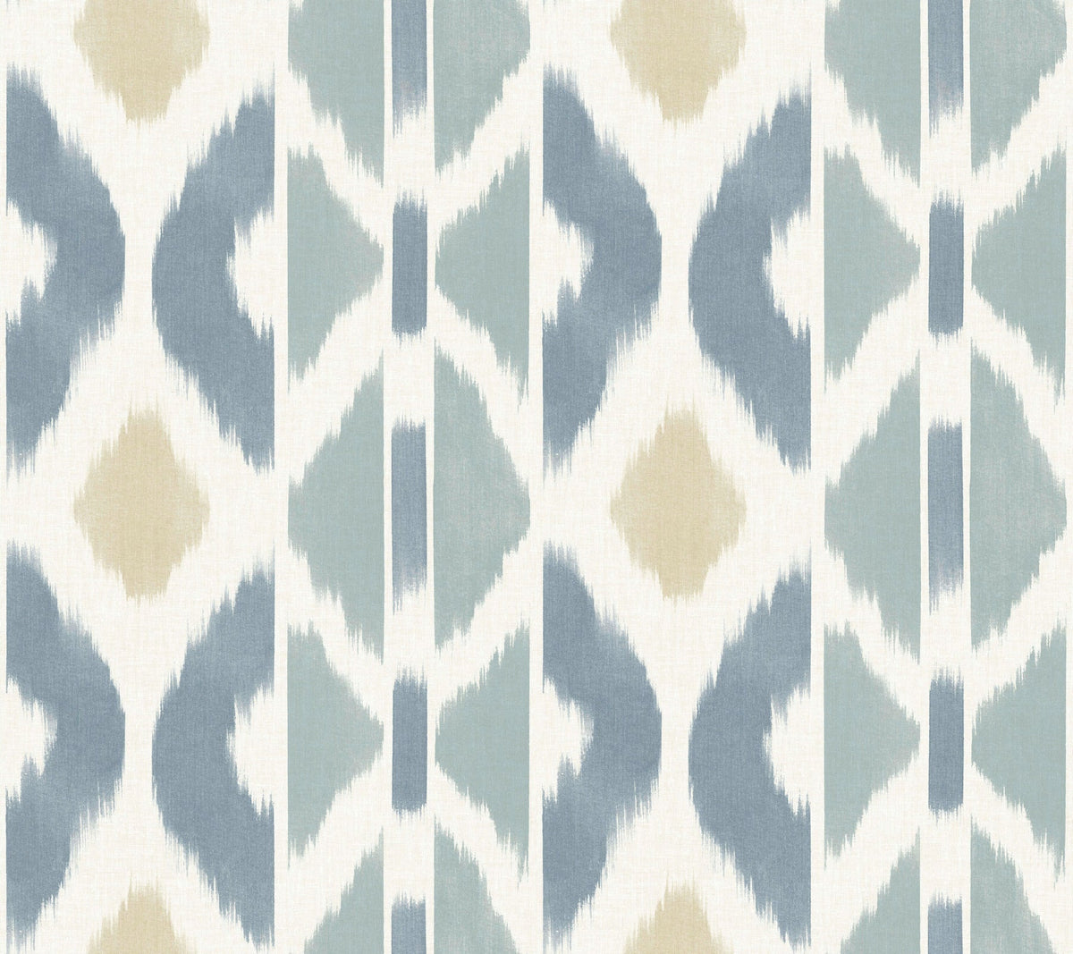 Introducing the Patan Wallpaper by York Wallcoverings, showcasing a seamless pattern of abstract geometric shapes in muted blue, beige, and gray tones on a white background, evoking the look of a modern Ikat textile design.