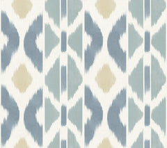 Introducing the Patan Wallpaper by York Wallcoverings, showcasing a seamless pattern of abstract geometric shapes in muted blue, beige, and gray tones on a white background, evoking the look of a modern Ikat textile design.
