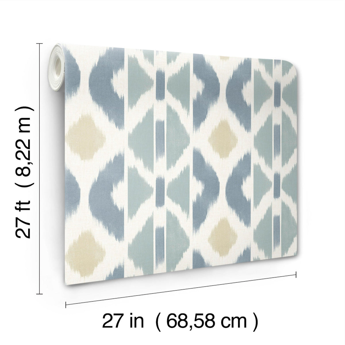The Patan Wallpaper by York Wallcoverings features a roll of patterned wallpaper with blue, beige, and white shapes. Each roll measures 27 ft (8.22 m) in height and 27 in (68.58 cm) in width.