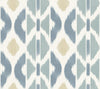 The Patan Wallpaper by York Wallcoverings features a repeating geometric pattern with blue, beige, and light gray shapes on an off-white background, reminiscent of abstract ikat textile design. The shapes have soft, blurred edges.