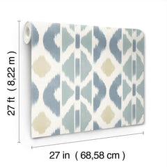 The Patan Wallpaper by York Wallcoverings is a roll of wallpaper featuring blue, tan, and white geometric shapes, measuring 27 feet (8.22 m) in length and 27 inches (68.58 cm) in width.