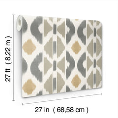 The Patan Wallpaper by York Wallcoverings is shown featuring a geometric pattern in gray, beige, and taupe shades. The dimensions are 27 feet (8.22 meters) long and 27 inches (68.58 cm) wide.
