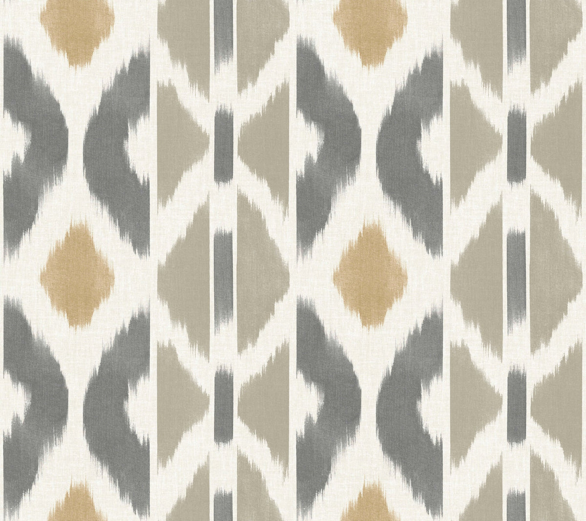 The Patan Wallpaper by York Wallcoverings features a geometric pattern with repeating diamond and chevron shapes in beige, gray, and taupe on a white background, reminiscent of a woven or ikat textile design.