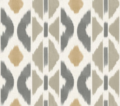 The Patan Wallpaper by York Wallcoverings features a geometric pattern with repeating diamond and chevron shapes in beige, gray, and taupe on a white background, reminiscent of a woven or ikat textile design.