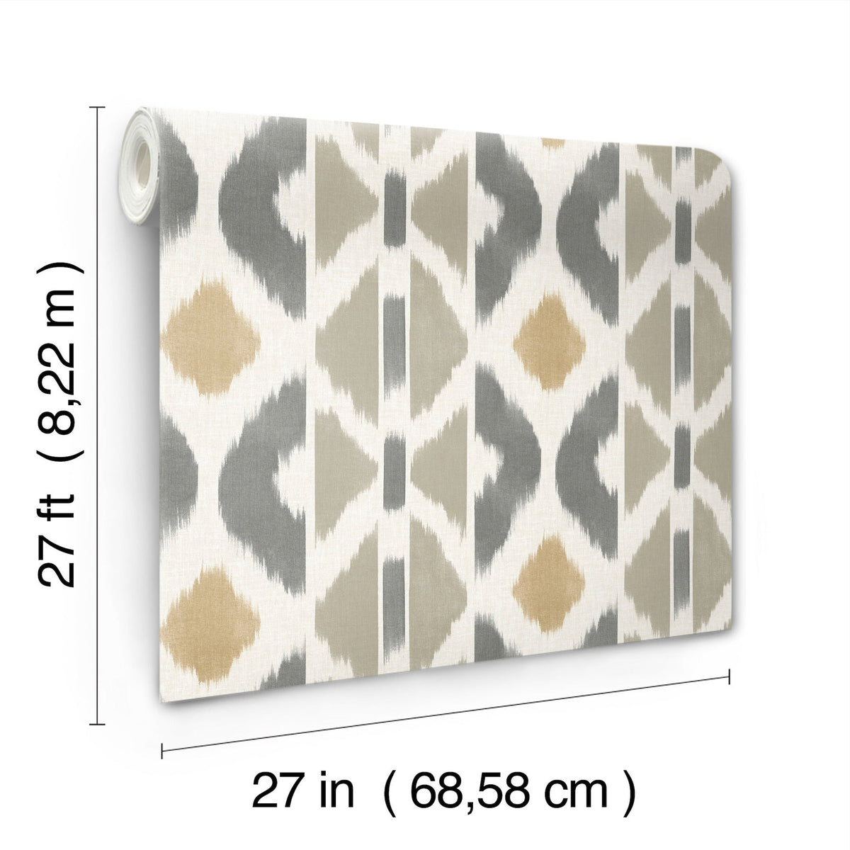 A roll of Patan Wallpaper by York Wallcoverings features a beige, gray, and cream geometric pattern. The dimensions are 27 feet (8.22 m) in length and 27 inches (68.58 cm) in width.