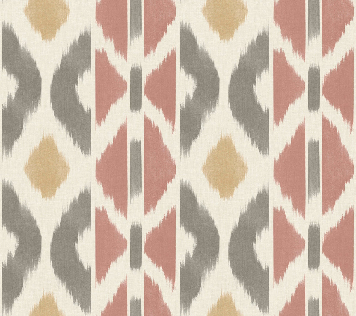 The Patan Wallpaper by York Wallcoverings features a geometric ikat pattern with vertical stripes in beige, gray, and rose pink on a cream background, showcasing abstract shapes and a textured, brushstroke effect.