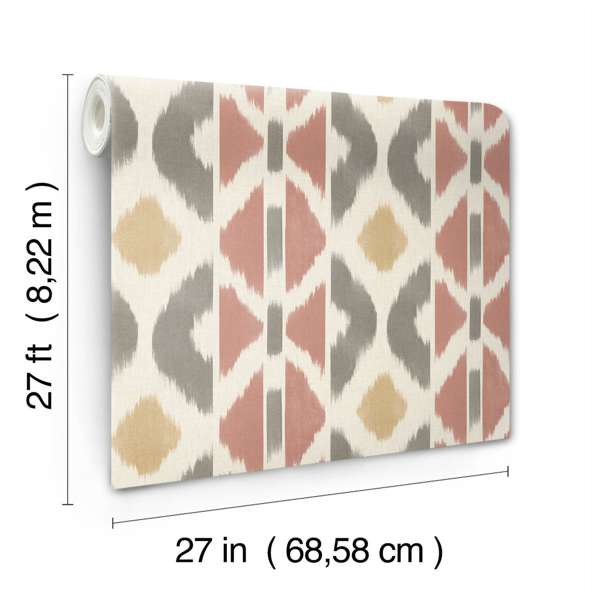 A roll of Patan Wallpaper by York Wallcoverings featuring a geometric pattern in beige, gray, and reddish tones. Dimensions are 27 ft (8.22 m) long and 27 in (68.58 cm) wide.