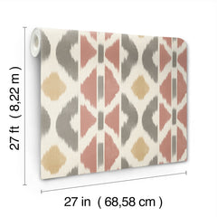 A roll of Patan Wallpaper by York Wallcoverings featuring a geometric pattern in beige, gray, and reddish tones. Dimensions are 27 ft (8.22 m) long and 27 in (68.58 cm) wide.