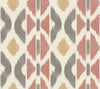 Patan Wallpaper by York Wallcoverings features a repeating geometric pattern of vertical rows with tan, gray, and dusty rose abstract diamond and brushstroke shapes set against a cream background.