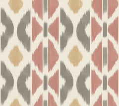 Patan Wallpaper by York Wallcoverings features a repeating geometric pattern of vertical rows with tan, gray, and dusty rose abstract diamond and brushstroke shapes set against a cream background.