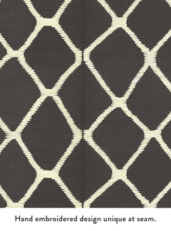 Tonga Wallpaper by York Wallcoverings features a deep-toned background adorned with a hand-embroidered, white diamond motif; slight variations in the central seam underscore the individuality of each piece.