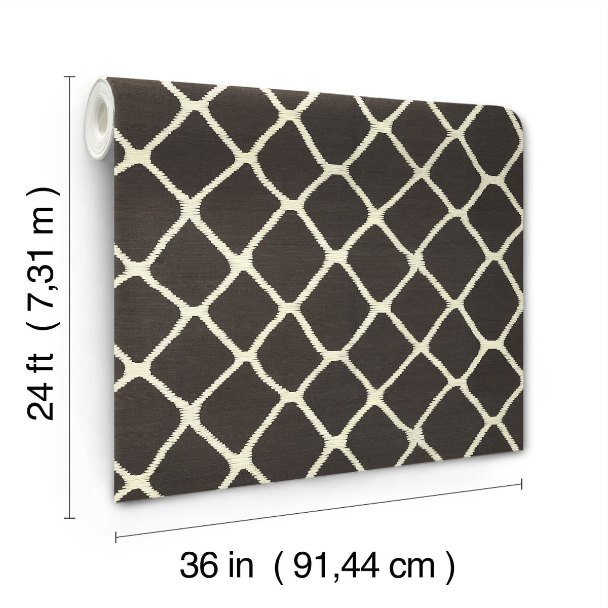 The Tonga Wallpaper by York Wallcoverings features a white crisscross pattern on a dark background and comes in a roll measuring 24 feet (7.31 m) long by 36 inches (91.44 cm) wide.