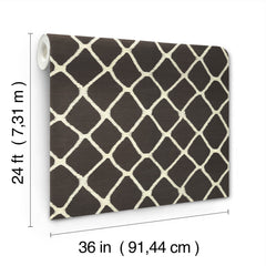 The Tonga Wallpaper by York Wallcoverings features a white crisscross pattern on a dark background and comes in a roll measuring 24 feet (7.31 m) long by 36 inches (91.44 cm) wide.