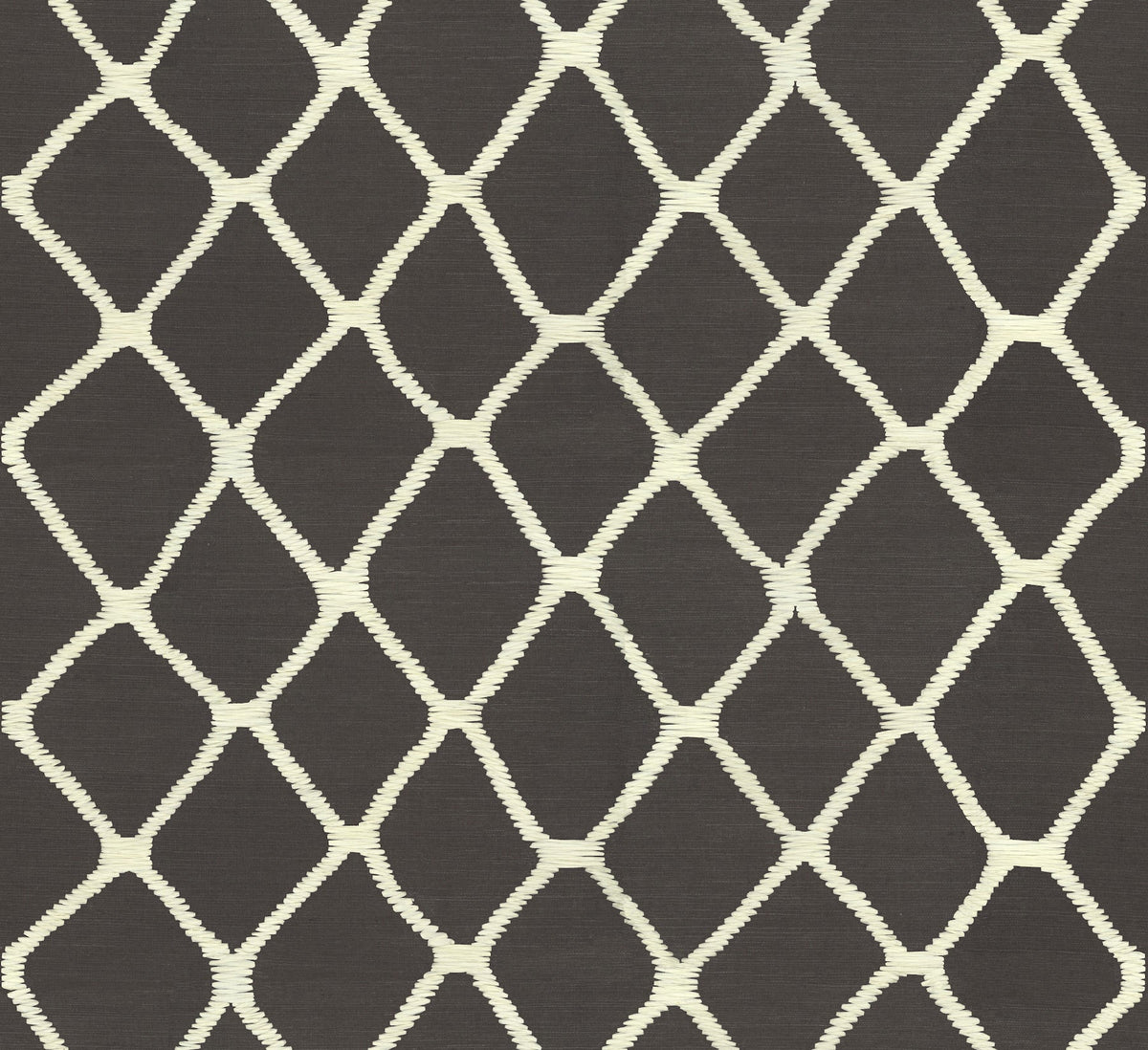 Tonga Wallpaper by York Wallcoverings features an abstract geometric design with cream-colored, irregular diamond shapes outlined on a dark brown background. The unevenly spaced lines evoke the look of a loosely woven net or lattice, creating an organic, hand-drawn effect.