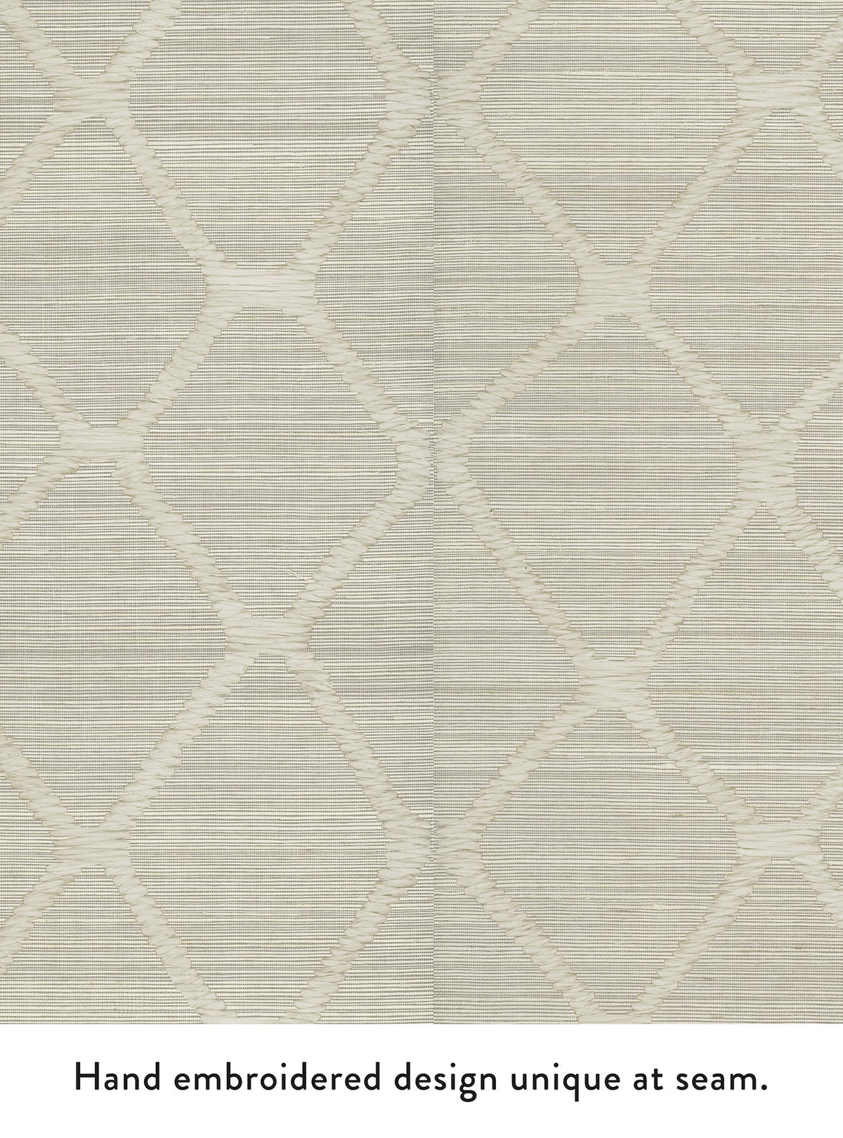 Tonga Wallpaper by York Wallcoverings in beige features a subtle geometric pattern of interconnected diamond shapes. A slight variation appears along the central seam due to its hand-embroidered design, making each section unique. Text at bottom reads: Hand embroidered design unique at seam.