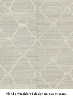 Tonga Wallpaper by York Wallcoverings in beige features a subtle geometric pattern of interconnected diamond shapes. A slight variation appears along the central seam due to its hand-embroidered design, making each section unique. Text at bottom reads: Hand embroidered design unique at seam.