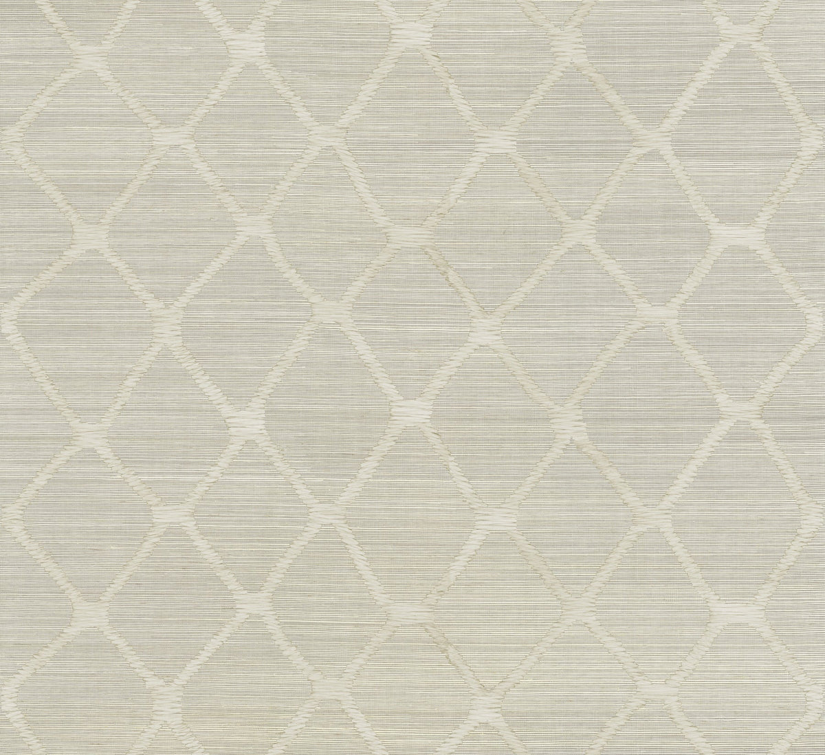 Tonga Wallpaper by York Wallcoverings features a beige background accented with a subtle, repeating geometric pattern of interconnected diamonds and hexagons, creating a delicately textured, woven look with minimalist appeal.