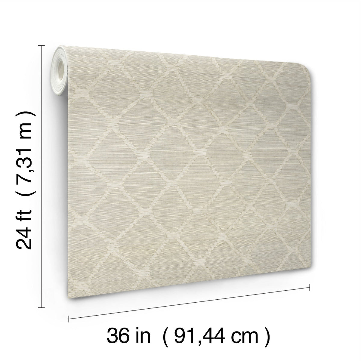 Tonga Wallpaper by York Wallcoverings is a beige roll featuring a subtle geometric pattern, measuring 24 feet (7.31 m) in height and 36 inches (91.44 cm) in width.