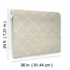 Tonga Wallpaper by York Wallcoverings is a beige roll featuring a subtle geometric pattern, measuring 24 feet (7.31 m) in height and 36 inches (91.44 cm) in width.