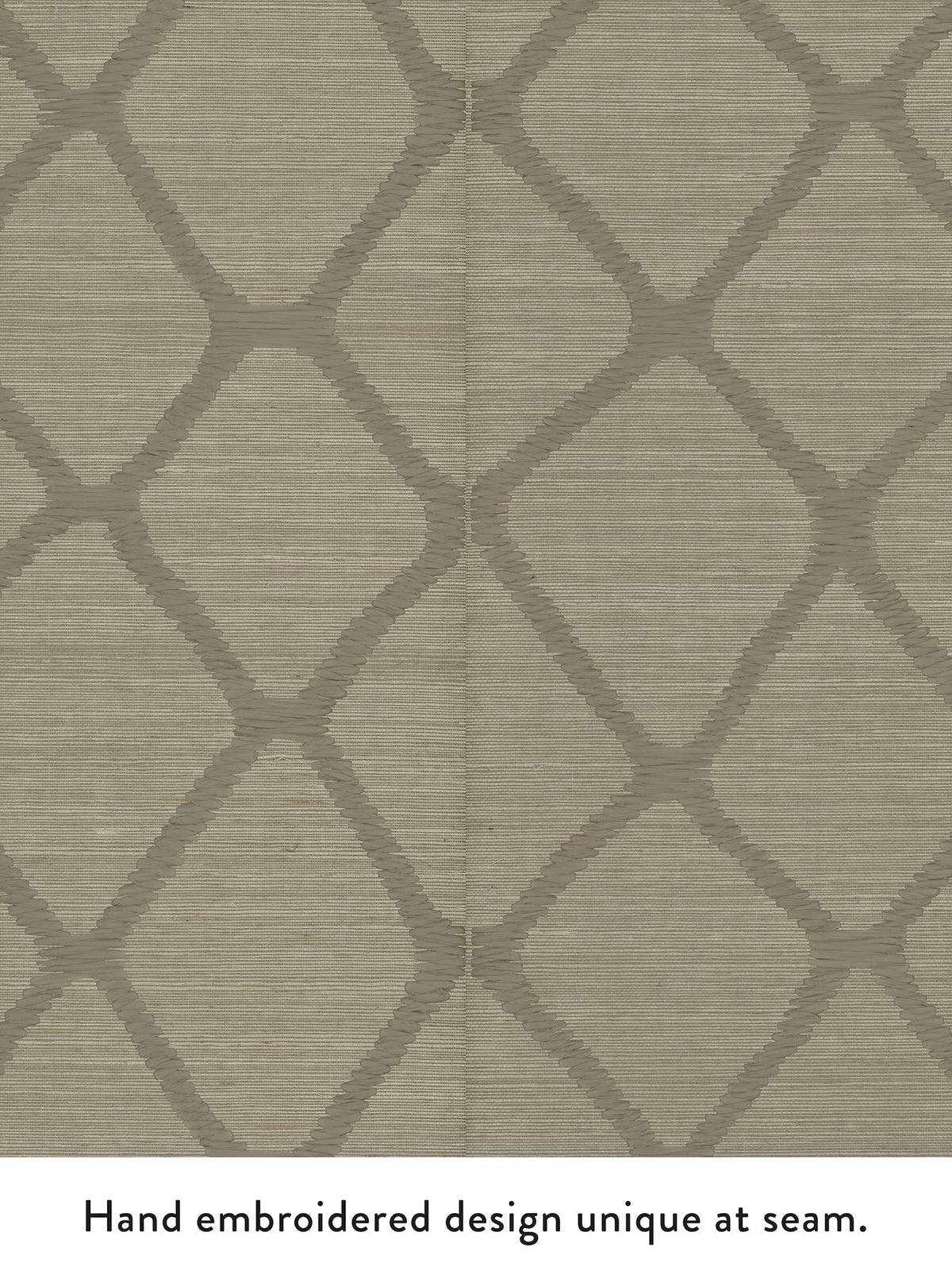 Tan wallpaper featuring a geometric, crisscross diamond pattern by York Wallcoverings. A visible vertical seam in the center displays slight design variation, highlighting the unique hand-embroidered effect of the Tonga Wallpaper.