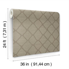The Tonga Wallpaper by York Wallcoverings is displayed upright in a roll of light brown with a subtle lattice pattern. The dimensions are labeled as 24 ft (7.31 m) long and 36 in (91.44 cm) wide.