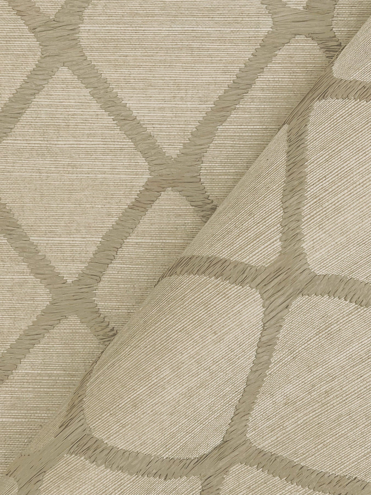 A close-up of Tonga Wallpaper by York Wallcoverings showcases its beige surface adorned with a geometric, interlocking diamond pattern in light brown, with the wallpaper partially folded to reveal both the front and reverse sides.
