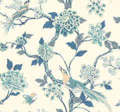 Fanciful Wallpaper by York Wallcoverings features illustrated birds, flowers, branches, and butterflies in soft blue, green, and cream hues on a light background, creating a vintage, nature-inspired look.