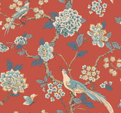 Introducing the Fanciful Wallpaper by York Wallcoverings, featuring a decorative pattern of blue and white birds, butterflies, and blooming flowers on winding branches set against a rich red background.
