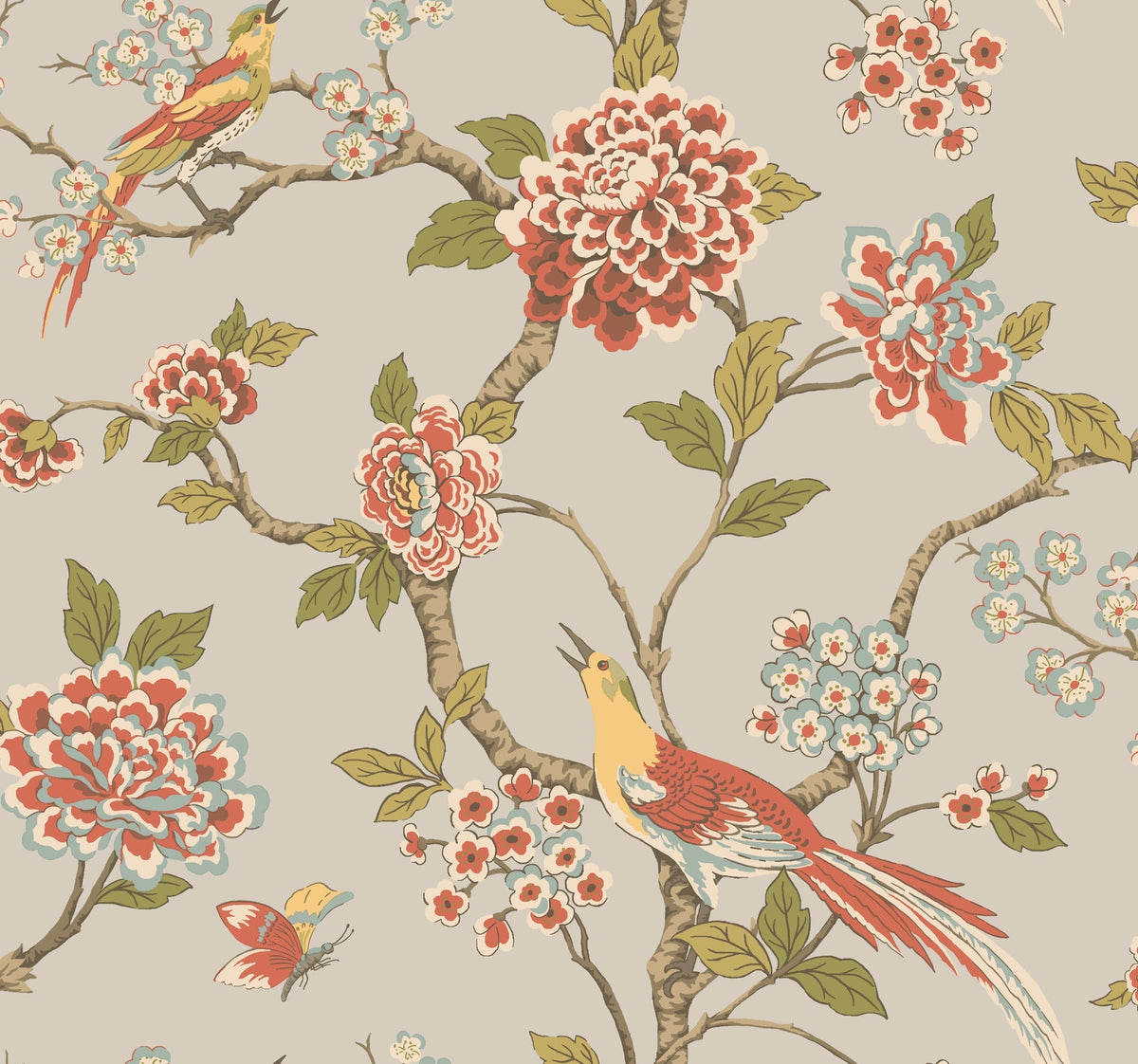 Introducing the Fanciful Wallpaper by York Wallcoverings: a seamless design featuring blooming flowers, leafy branches, two vibrant birds perched on the branches, and a butterfly—all in soft shades of red, green, blue, and beige set against a light background.
