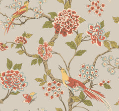 Introducing the Fanciful Wallpaper by York Wallcoverings: a seamless design featuring blooming flowers, leafy branches, two vibrant birds perched on the branches, and a butterfly—all in soft shades of red, green, blue, and beige set against a light background.