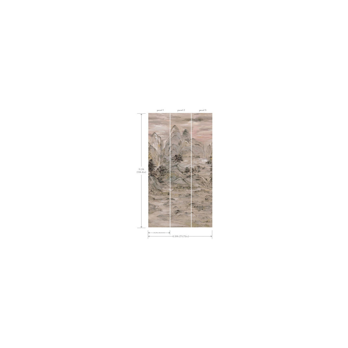 Three-panel wall art, the Ronald Redding Misty Mountain Wall Mural by York Wallcoverings, featuring a traditional landscape painting with mountains and trees, is shown with labeled dimensions for each panel and the complete mural.