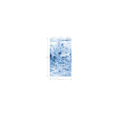 The Ronald Redding Misty Mountain Wall Mural by York Wallcoverings features a blue-toned illustration of mountains and water, divided into three vertical panels. Each panel measures 8 ft (243.84 cm) in height and 3.2 ft (97.53 cm) in width, with labeled measurements included.