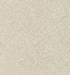 Chevron Wallpaper by York Wallcoverings features a beige textured surface accented with a subtle, vertical herringbone pattern. Fine angled lines create a chevron effect reminiscent of woven fabric, resulting in a light and neutral appearance suitable for various interiors.