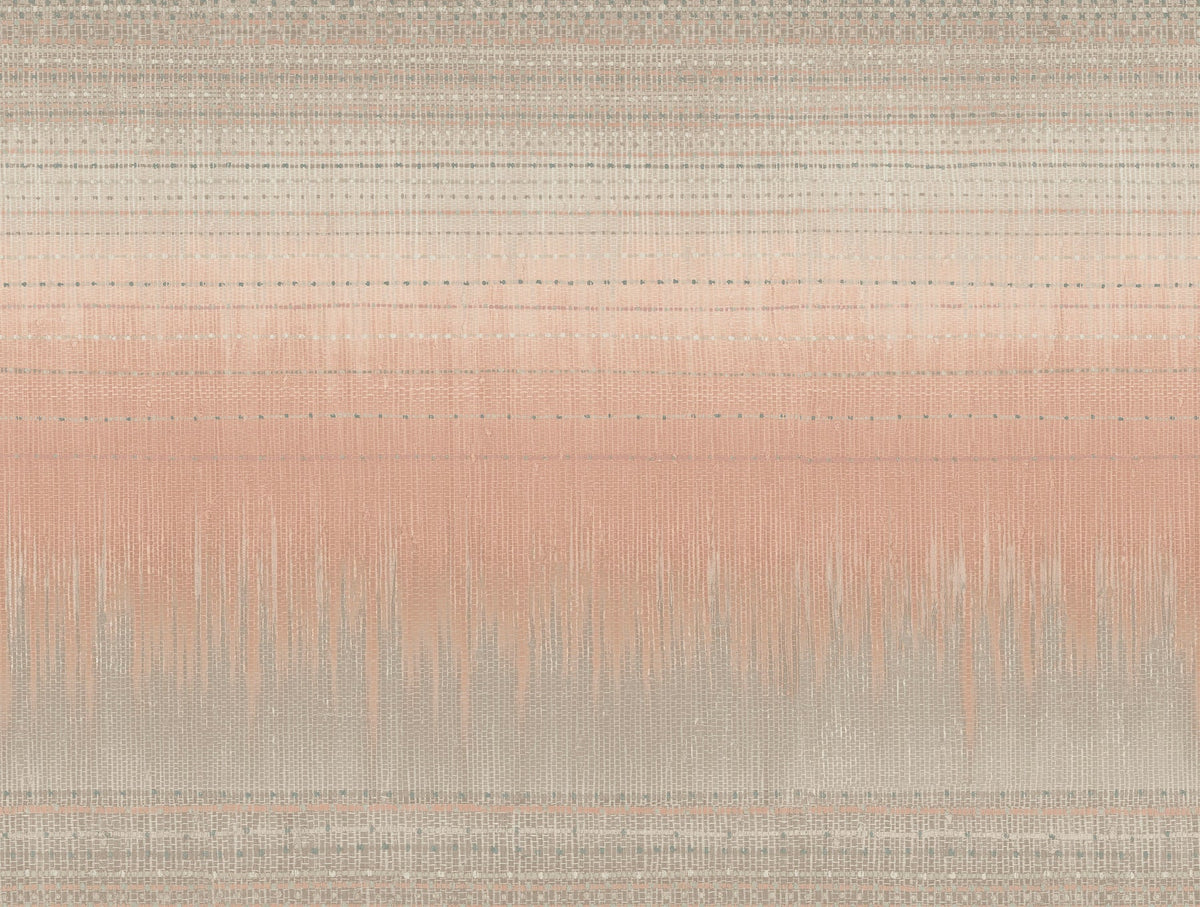 Desert Textile Wallpaper by York Wallcoverings features a woven design with horizontal stripes in beige, peach, and gray tones. The surface displays subtle, irregular lines and patterns, creating a soft gradient effect across the wallpaper.