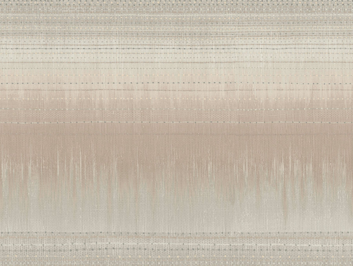 Desert Textile Wallpaper by York Wallcoverings features an abstract textured pattern with horizontal stripes in beige, cream, and gray, accented by dotted lines reminiscent of woven fabric or a soft gradient landscape. The neutral tones evoke a calm and minimalist aesthetic.