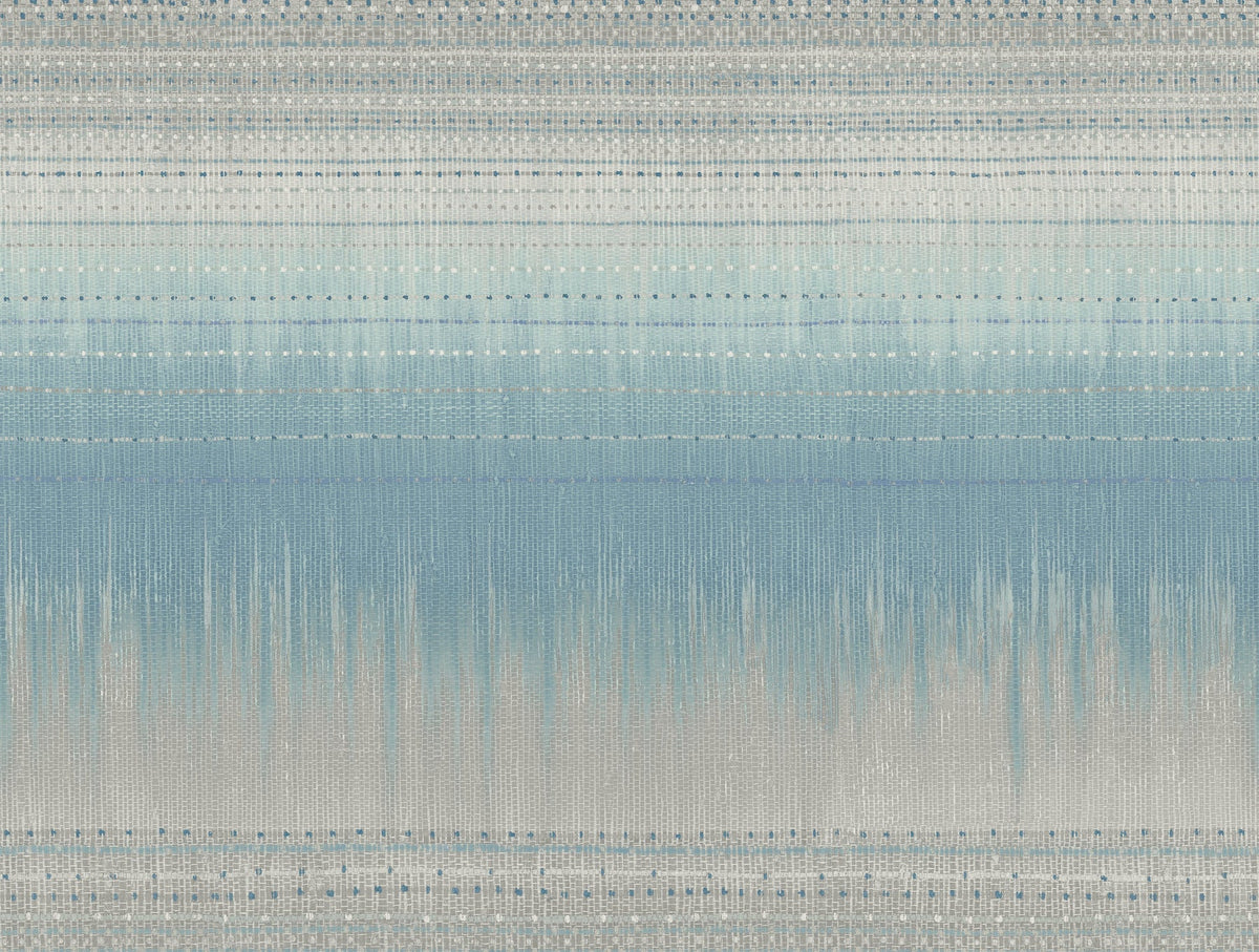 Desert Textile Wallpaper by York Wallcoverings features abstract horizontal blue, white, and gray lines with textured patterns that evoke a soft, woven look reminiscent of fabric or a watercolor landscape.