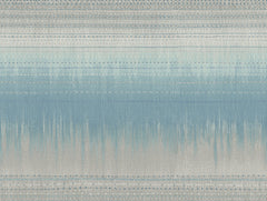 Desert Textile Wallpaper by York Wallcoverings features abstract horizontal blue, white, and gray lines with textured patterns that evoke a soft, woven look reminiscent of fabric or a watercolor landscape.