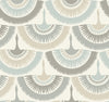 Introducing Feather & Fringe Wallpaper by York Wallcoverings: a seamless pattern of stylized birds in flight, showcasing soft beige, gray, and blue hues. Each bird features intricate, fan-like wings and dotted accents, arranged in a repeating geometric design on a light background.