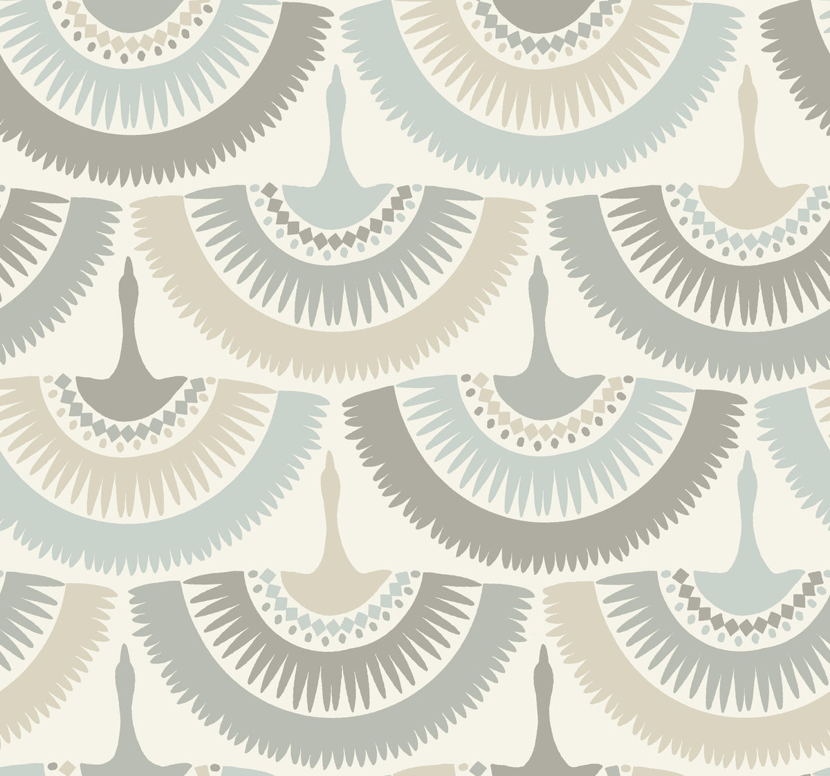 Introducing Feather & Fringe Wallpaper by York Wallcoverings: a seamless pattern of stylized birds in flight, showcasing soft beige, gray, and blue hues. Each bird features intricate, fan-like wings and dotted accents, arranged in a repeating geometric design on a light background.