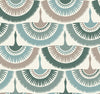 Experience the geometric and symmetrical beauty of York Wallcoverings’ Feather & Fringe Wallpaper, featuring a seamless pattern of stylized birds with outstretched wings in shades of teal, brown, and beige, arranged in overlapping rows on a cream background.