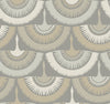 Feather & Fringe Wallpaper by York Wallcoverings features a seamless pattern of abstract fan shapes in soft beige, gray, and cream tones that evoke stylized bird feathers or wings, repeating in rows across a gently muted gray background.